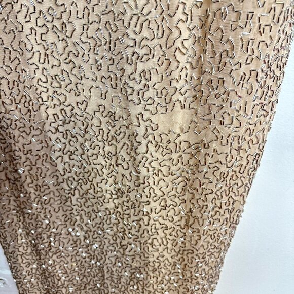 MAC DUGGAL Bugle Bead Halter Sheath Gown in Nude Silver Size US 8 - Picture 7 of 12